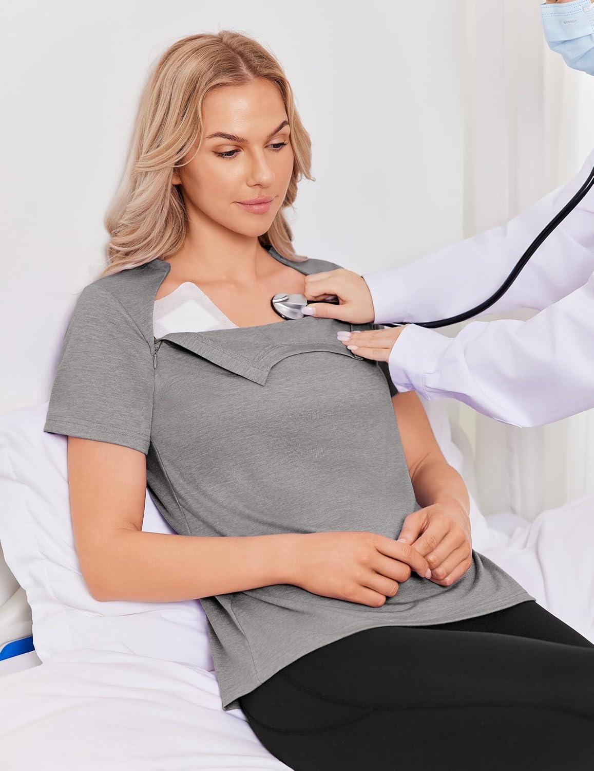 imageDeyeek Chemo Shirts for Port Access Women with 2 Hidden Side Zippers Post Surgery Short Sleeve Tear Away Adaptive Top TeesLight Grey