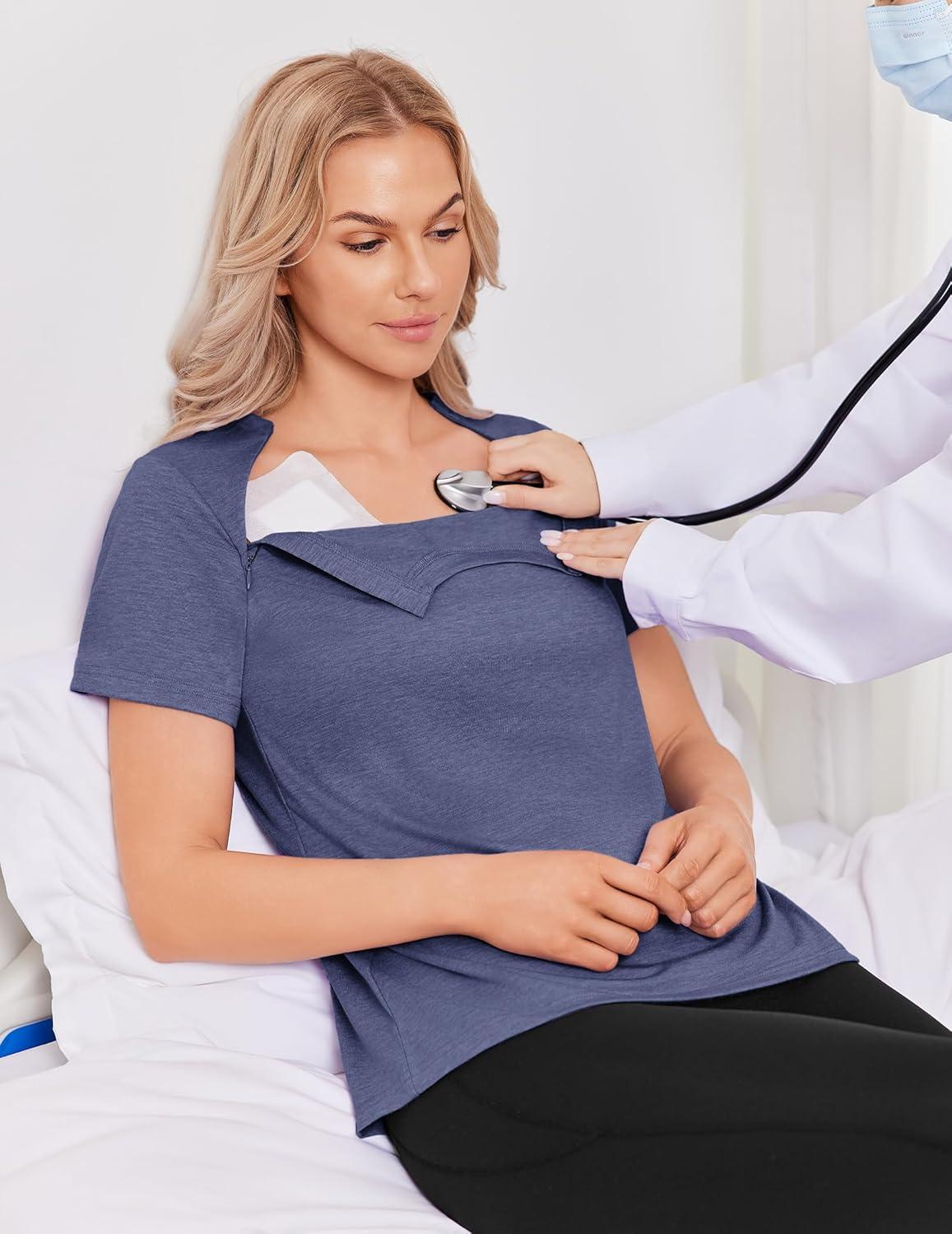 imageDeyeek Chemo Shirts for Port Access Women with 2 Hidden Side Zippers Post Surgery Short Sleeve Tear Away Adaptive Top TeesNavy Blue