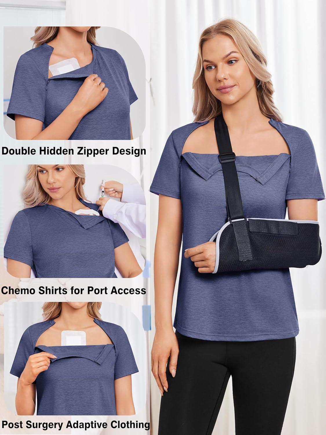 imageDeyeek Chemo Shirts for Port Access Women with 2 Hidden Side Zippers Post Surgery Short Sleeve Tear Away Adaptive Top TeesNavy Blue