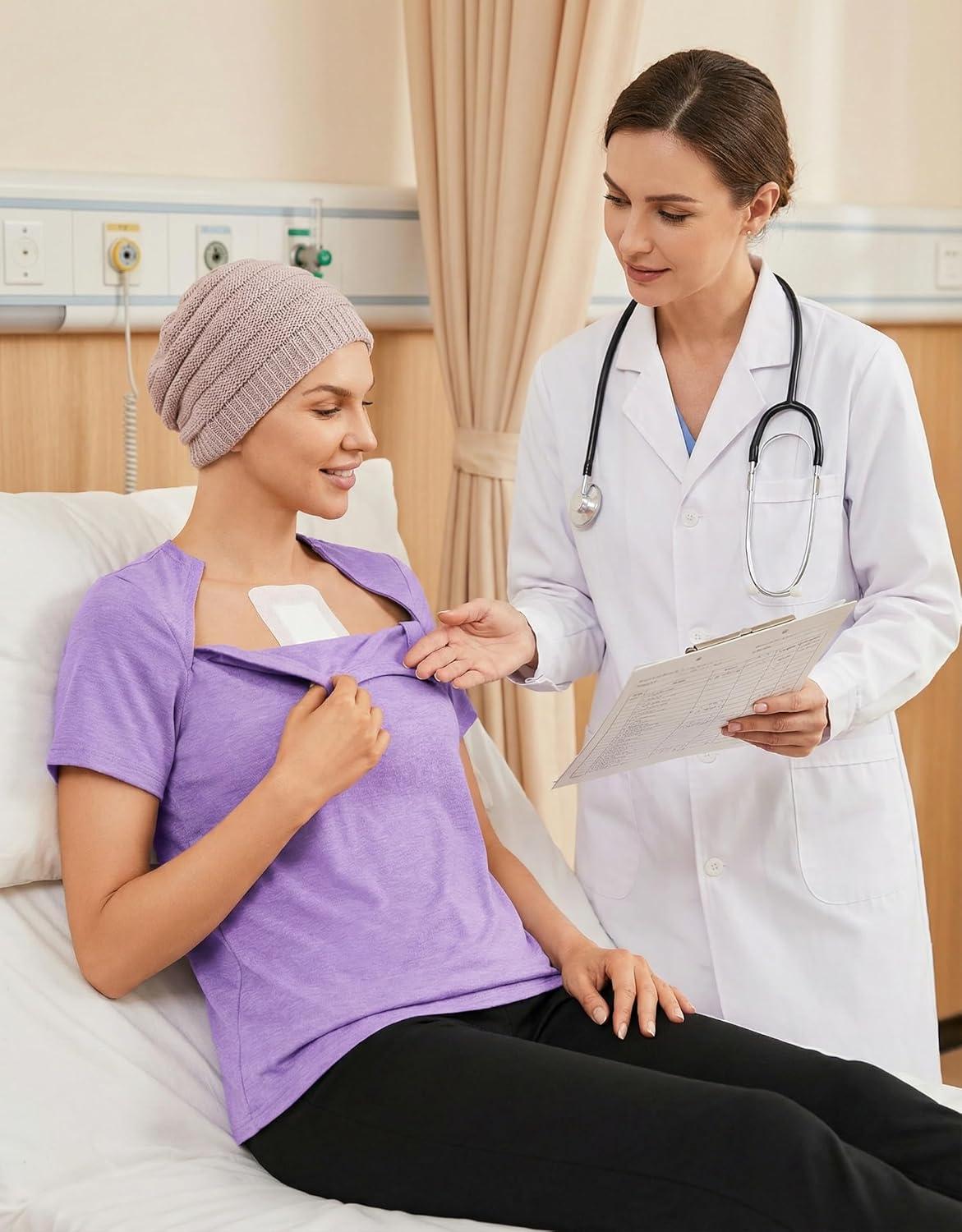 imageDeyeek Chemo Shirts for Port Access Women with 2 Hidden Side Zippers Post Surgery Short Sleeve Tear Away Adaptive Top TeesPurple