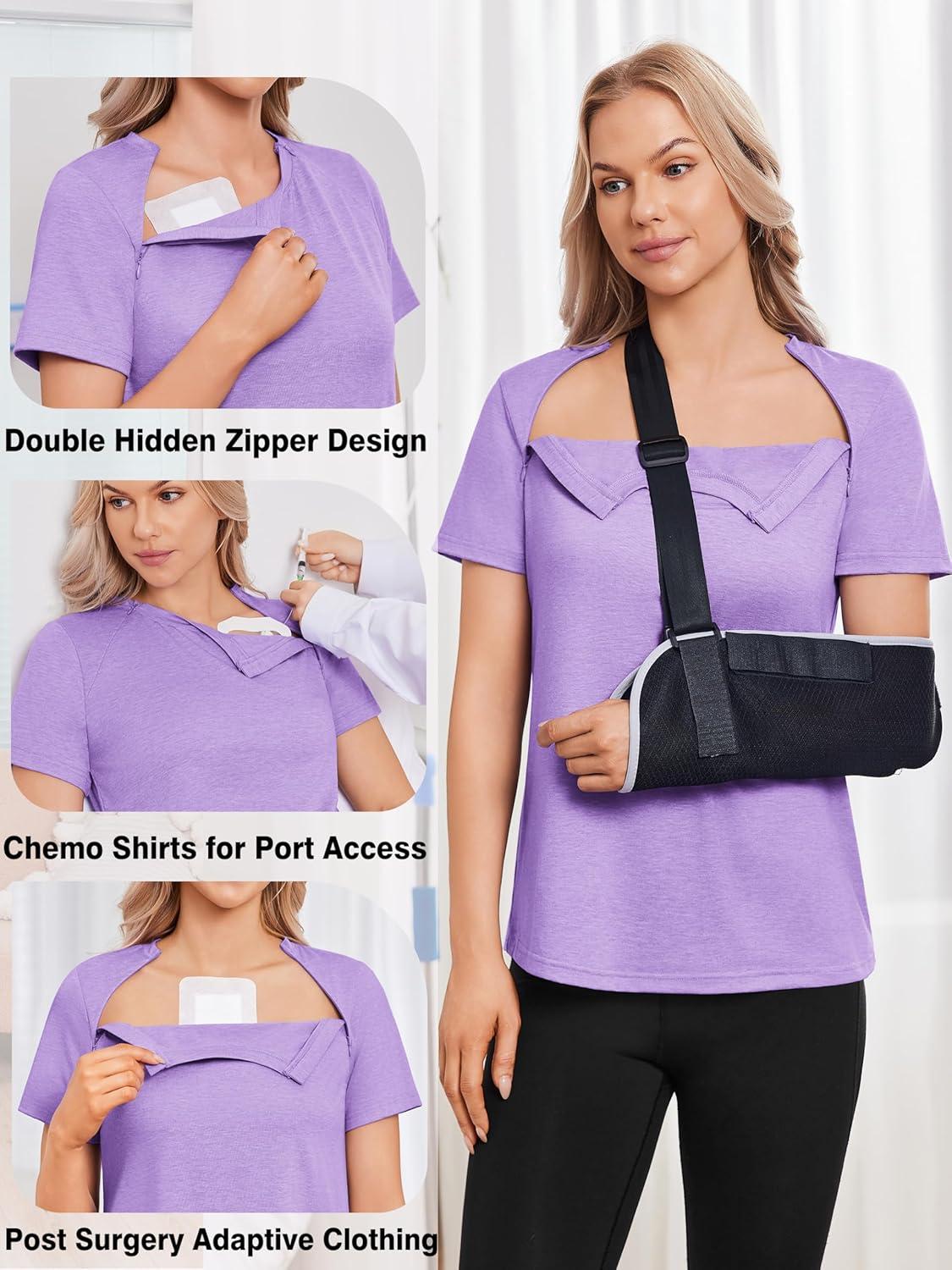 imageDeyeek Chemo Shirts for Port Access Women with 2 Hidden Side Zippers Post Surgery Short Sleeve Tear Away Adaptive Top TeesPurple