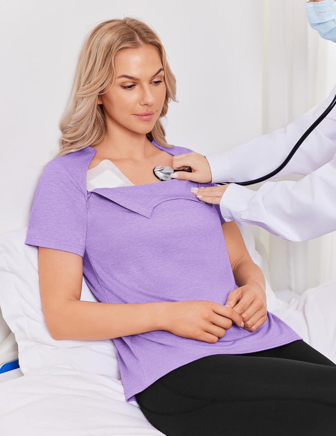imageDeyeek Chemo Shirts for Port Access Women with 2 Hidden Side Zippers Post Surgery Short Sleeve Tear Away Adaptive Top TeesPurple