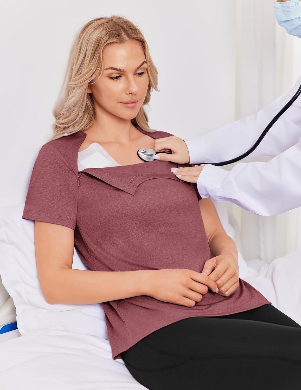 imageDeyeek Chemo Shirts for Port Access Women with 2 Hidden Side Zippers Post Surgery Short Sleeve Tear Away Adaptive Top TeesRed