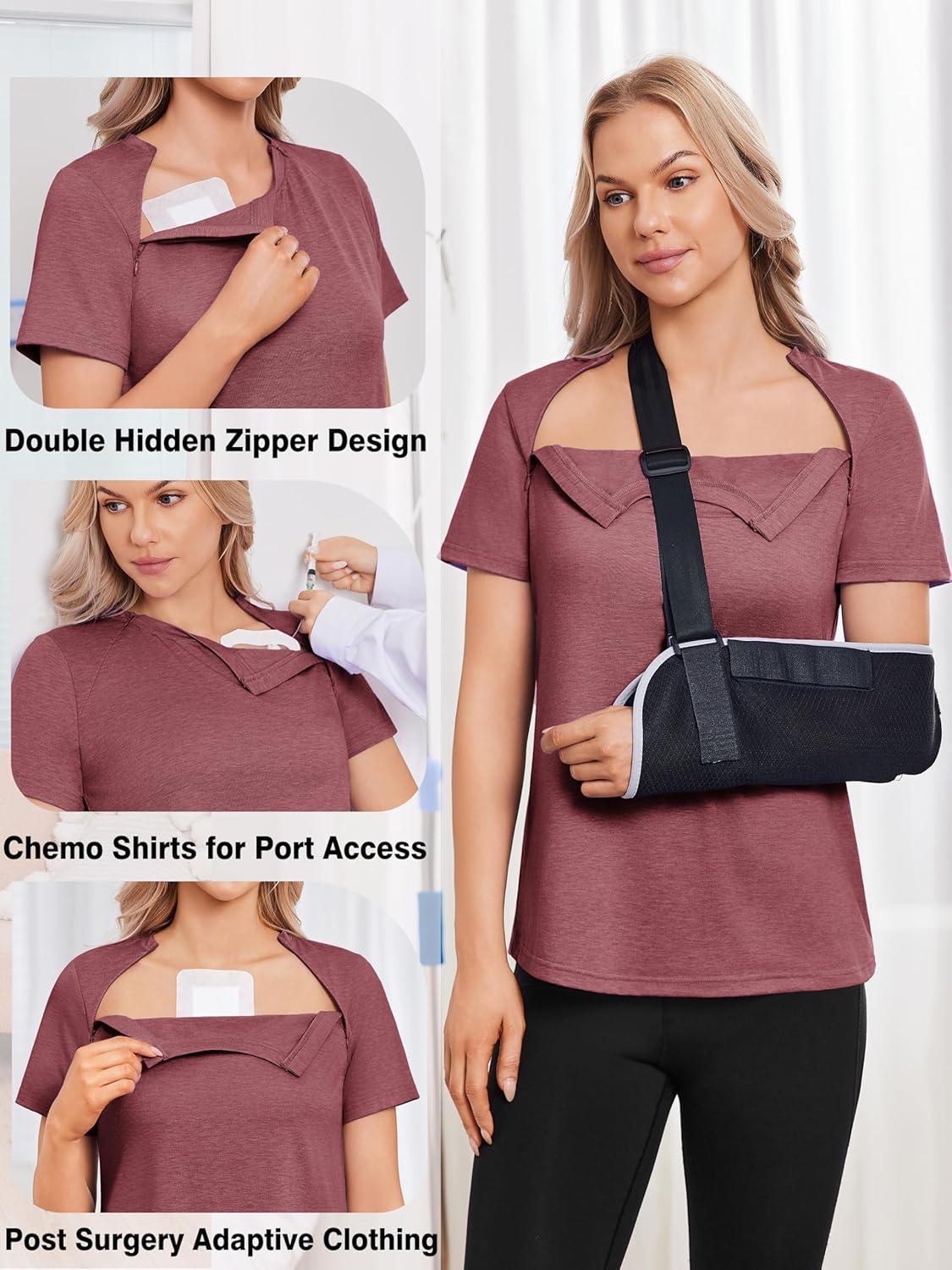 imageDeyeek Chemo Shirts for Port Access Women with 2 Hidden Side Zippers Post Surgery Short Sleeve Tear Away Adaptive Top TeesRed