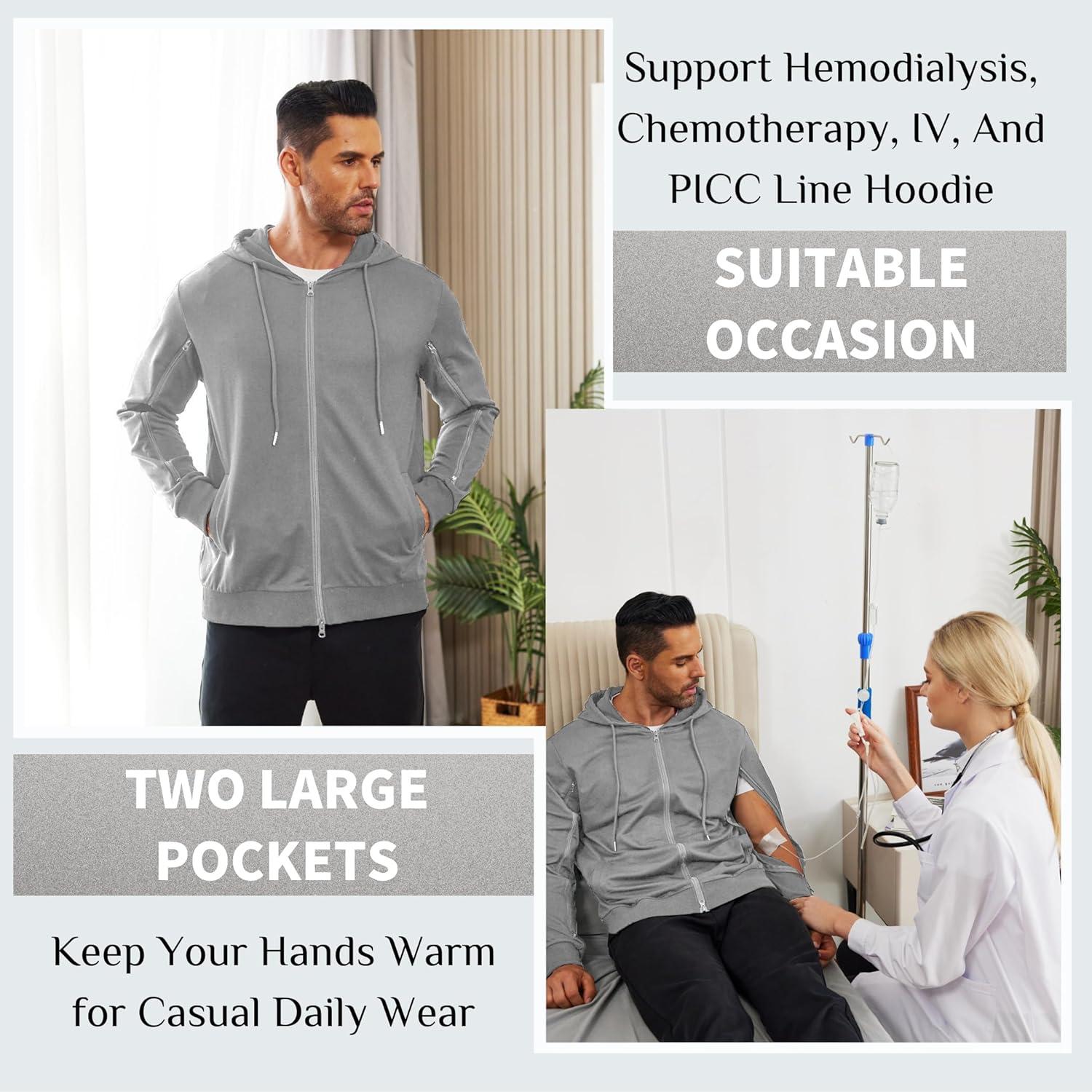 imageDeyeek Dialysis Sweatshirts with Arm Zipper Jacket FullZip Lightweight Hemodialysis Cotton Jacket with PocketsGrey