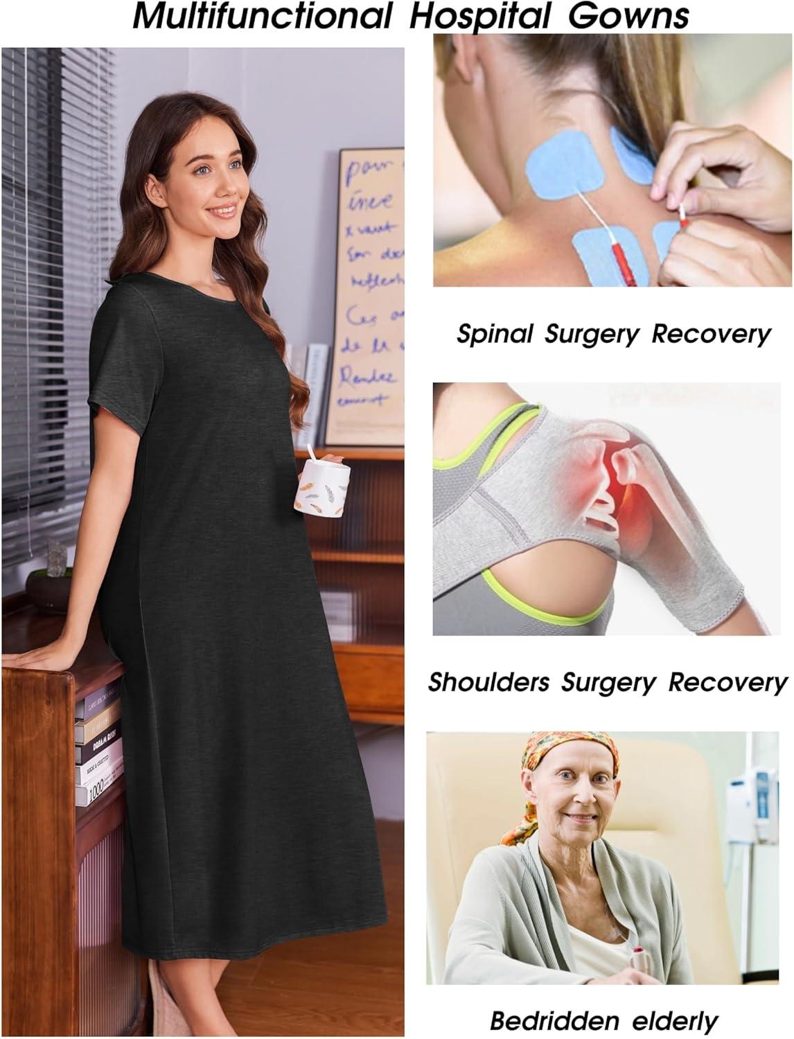 imageDeyeek Hospital Gowns for Women Labor Delivery Shoulder Surgery Dress Adaptive Clothing Night Robes for Elderly Plus SizeBlack