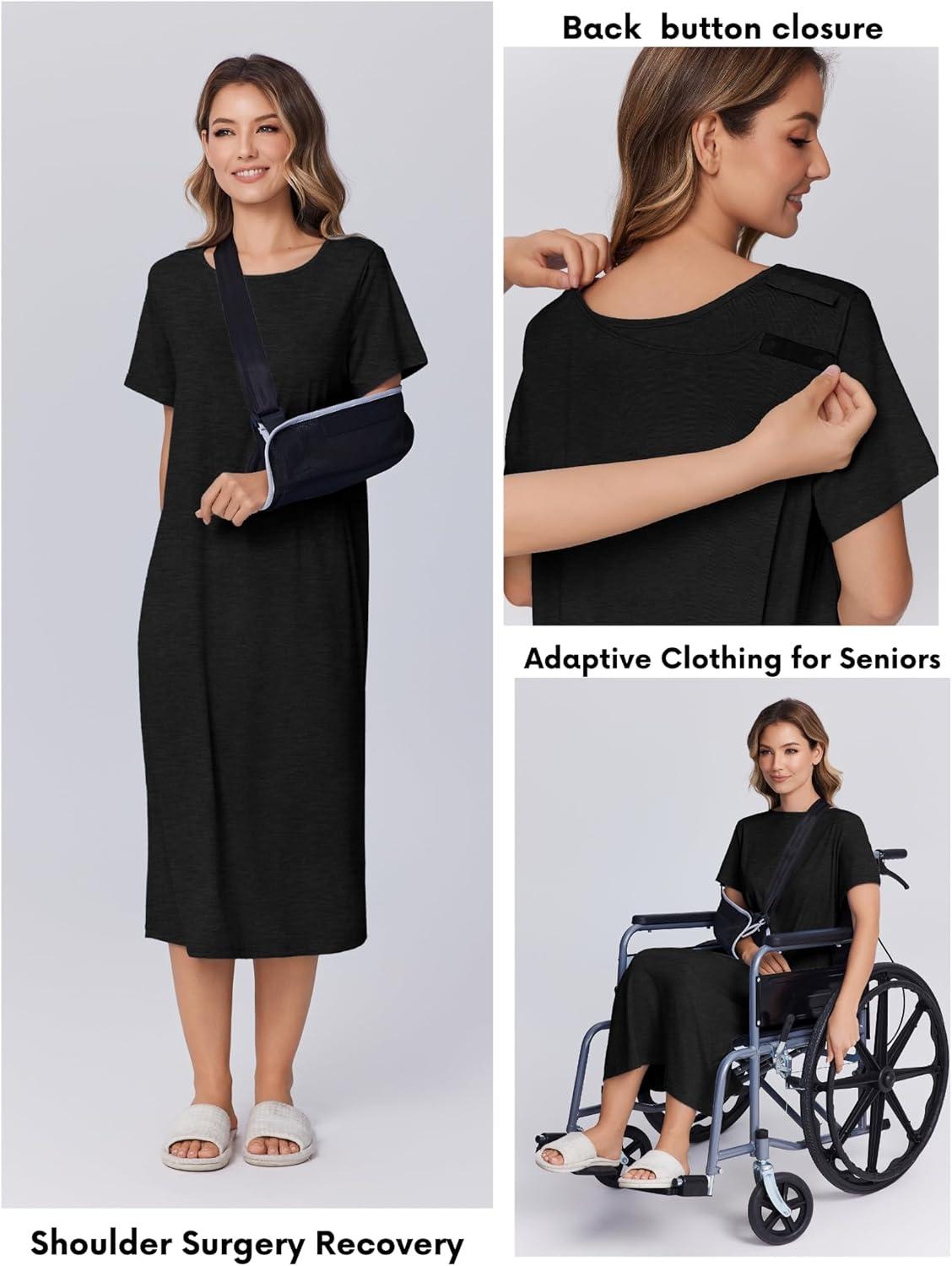 imageDeyeek Hospital Gowns for Women Labor Delivery Shoulder Surgery Dress Adaptive Clothing Night Robes for Elderly Plus SizeBlack