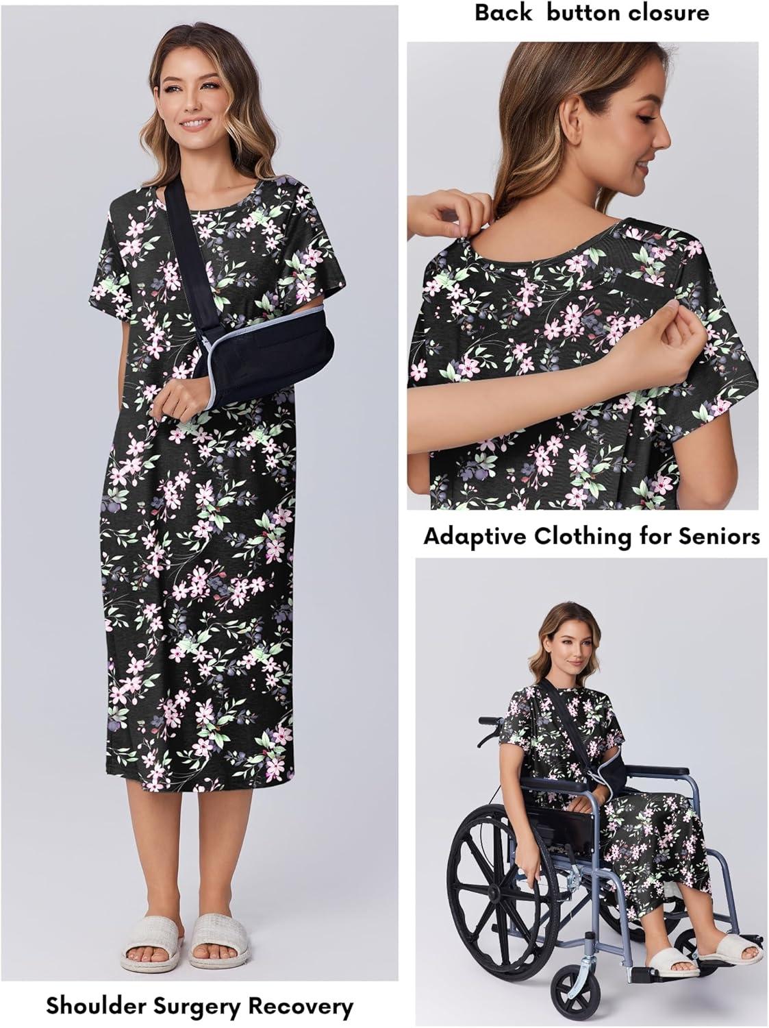imageDeyeek Hospital Gowns for Women Labor Delivery Shoulder Surgery Dress Adaptive Clothing Night Robes for Elderly Plus SizeBlack Floral