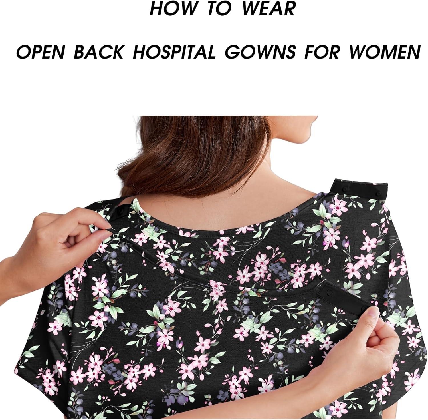 imageDeyeek Hospital Gowns for Women Labor Delivery Shoulder Surgery Dress Adaptive Clothing Night Robes for Elderly Plus SizeBlack Floral