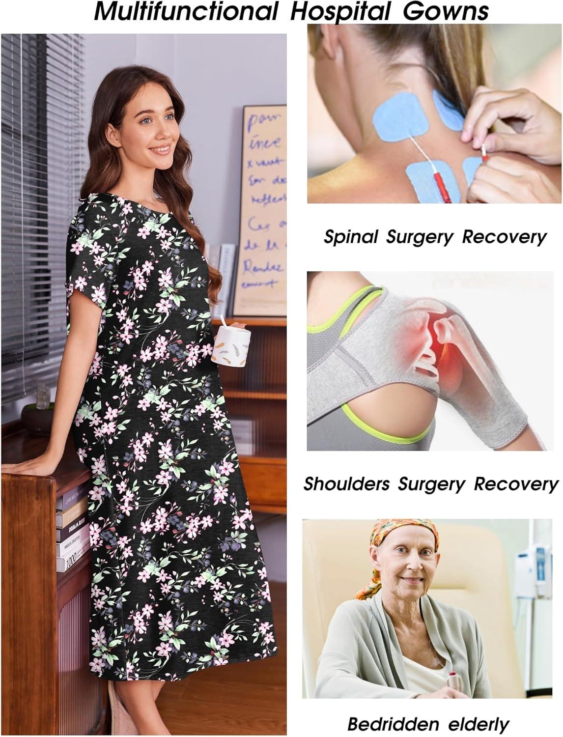 imageDeyeek Hospital Gowns for Women Labor Delivery Shoulder Surgery Dress Adaptive Clothing Night Robes for Elderly Plus SizeBlack Floral
