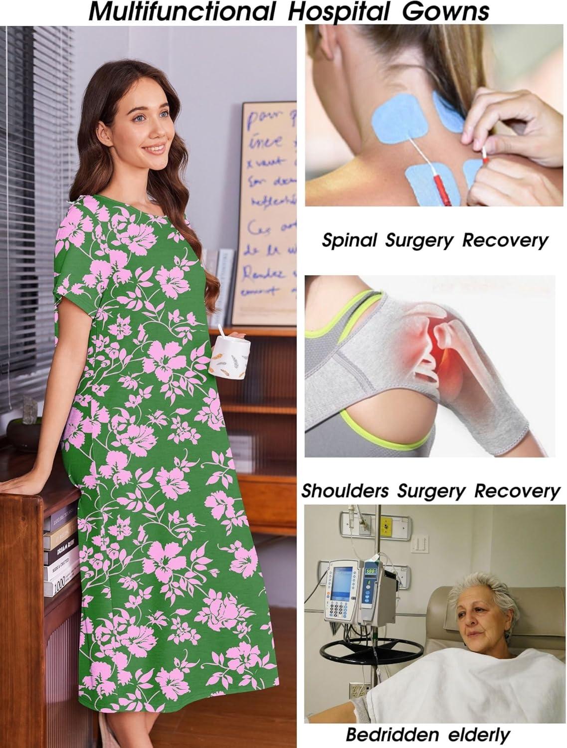 imageDeyeek Hospital Gowns for Women Labor Delivery Shoulder Surgery Dress Adaptive Clothing Night Robes for Elderly Plus SizeDark Blue Flower