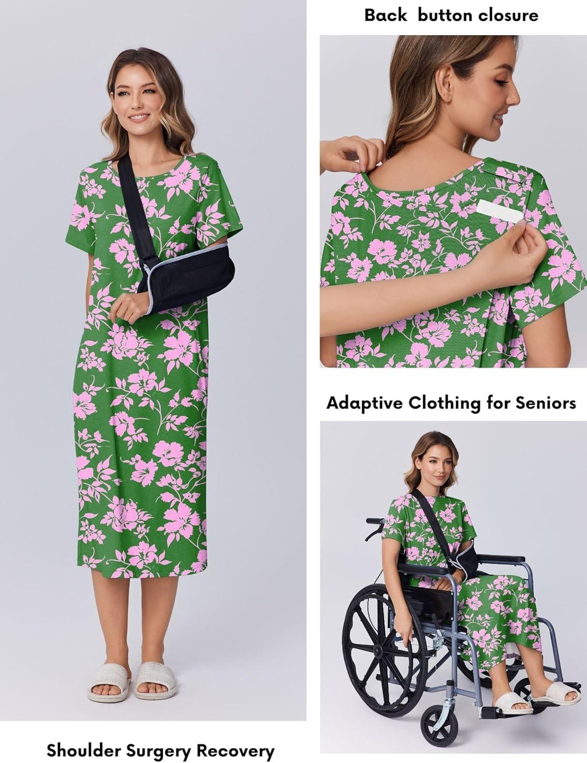 imageDeyeek Hospital Gowns for Women Labor Delivery Shoulder Surgery Dress Adaptive Clothing Night Robes for Elderly Plus SizeDark Blue Flower