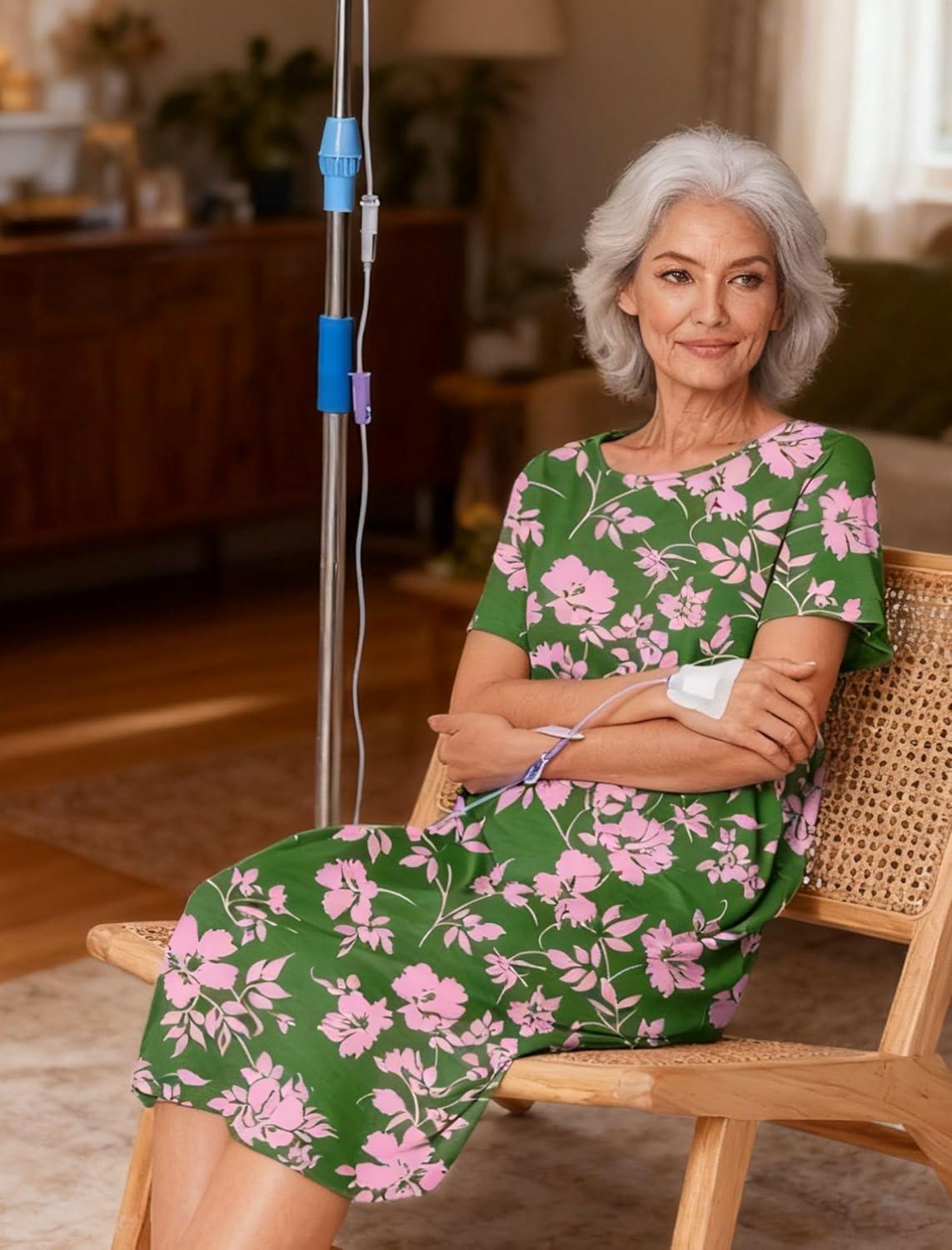 imageDeyeek Hospital Gowns for Women Labor Delivery Shoulder Surgery Dress Adaptive Clothing Night Robes for Elderly Plus SizeDark Blue Flower