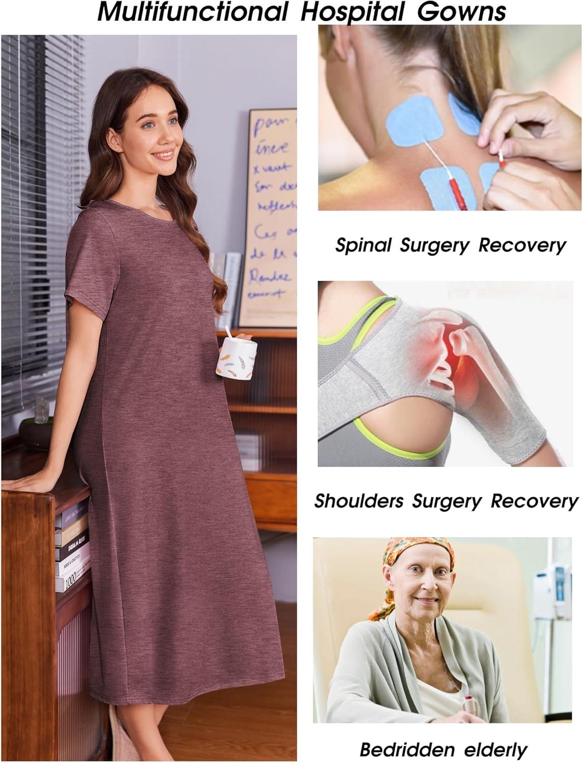 imageDeyeek Hospital Gowns for Women Labor Delivery Shoulder Surgery Dress Adaptive Clothing Night Robes for Elderly Plus SizeDark Red