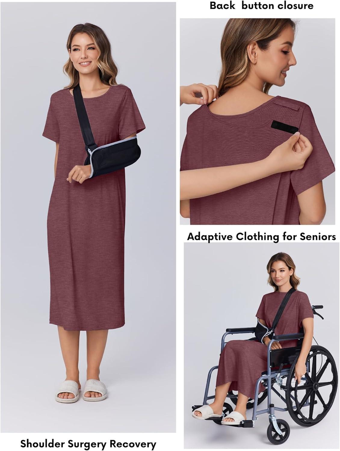 imageDeyeek Hospital Gowns for Women Labor Delivery Shoulder Surgery Dress Adaptive Clothing Night Robes for Elderly Plus SizeDark Red