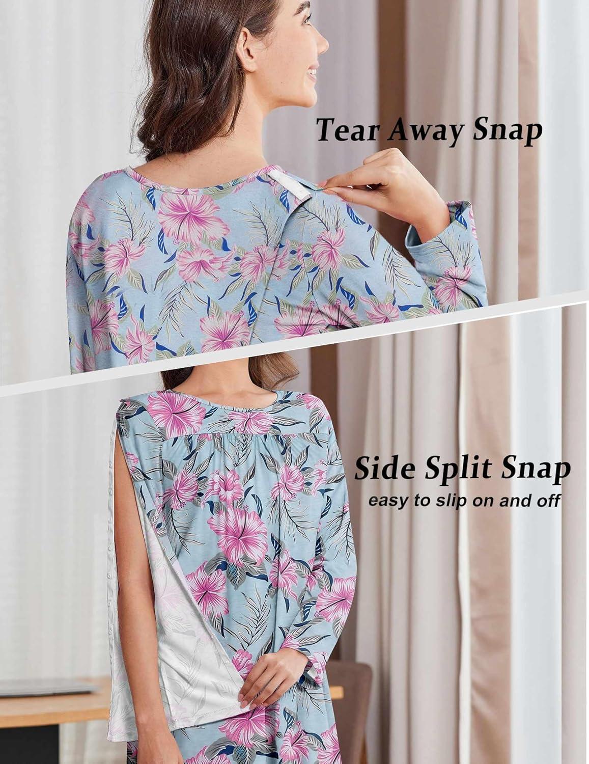 imageDeyeek Hospital Gowns for Women Open Back Dress Long Sleeve Post Surgery Tear Away Adaptive Nightgowns Dialysis ClothingBlue Rose Print