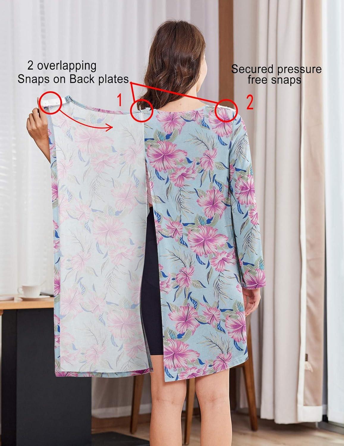 imageDeyeek Hospital Gowns for Women Open Back Dress Long Sleeve Post Surgery Tear Away Adaptive Nightgowns Dialysis ClothingBlue Rose Print