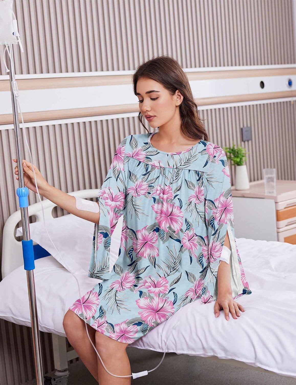 imageDeyeek Hospital Gowns for Women Open Back Dress Long Sleeve Post Surgery Tear Away Adaptive Nightgowns Dialysis ClothingBlue Rose Print