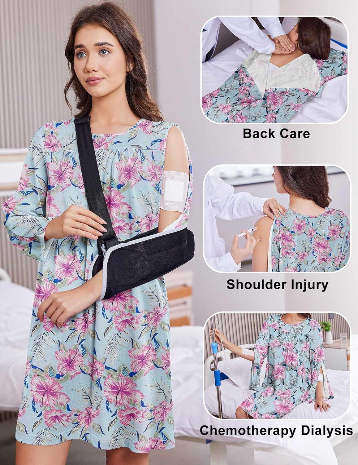 imageDeyeek Hospital Gowns for Women Open Back Dress Long Sleeve Post Surgery Tear Away Adaptive Nightgowns Dialysis ClothingBlue Rose Print