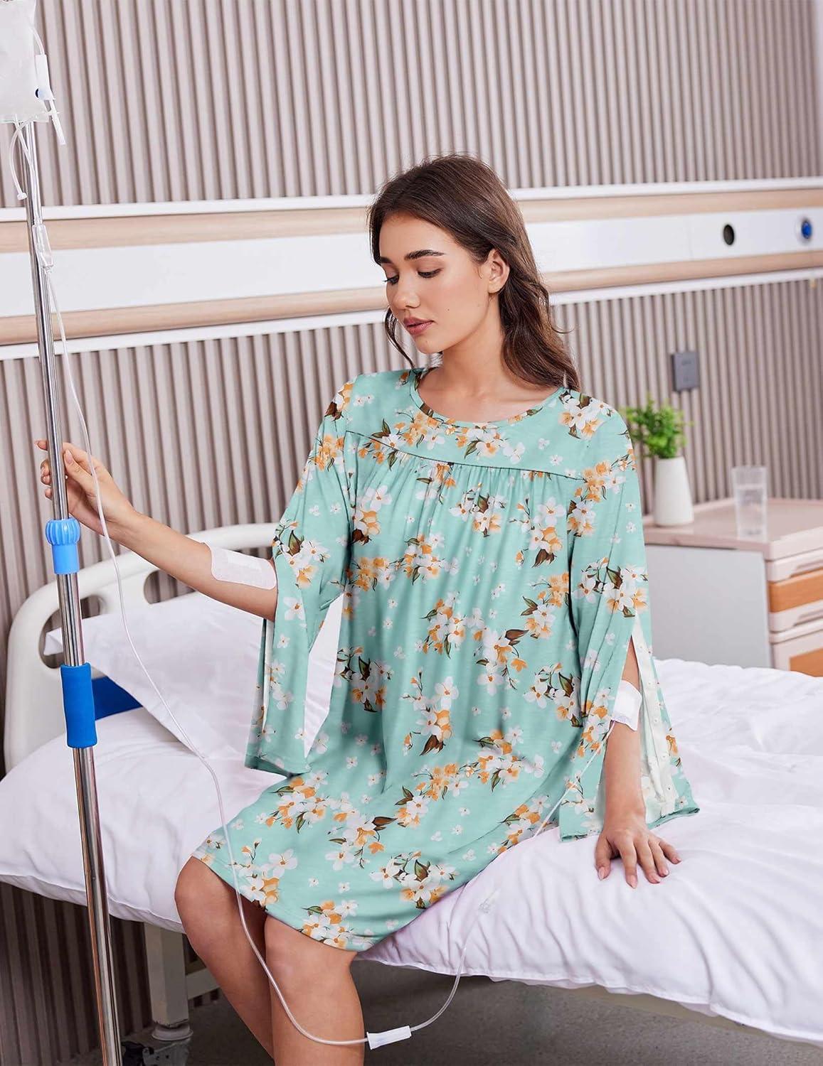 imageDeyeek Hospital Gowns for Women Open Back Dress Long Sleeve Post Surgery Tear Away Adaptive Nightgowns Dialysis ClothingGreen Print