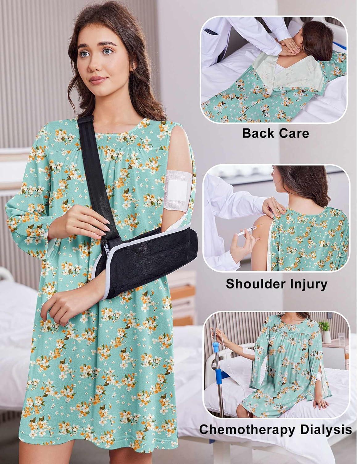 imageDeyeek Hospital Gowns for Women Open Back Dress Long Sleeve Post Surgery Tear Away Adaptive Nightgowns Dialysis ClothingGreen Print