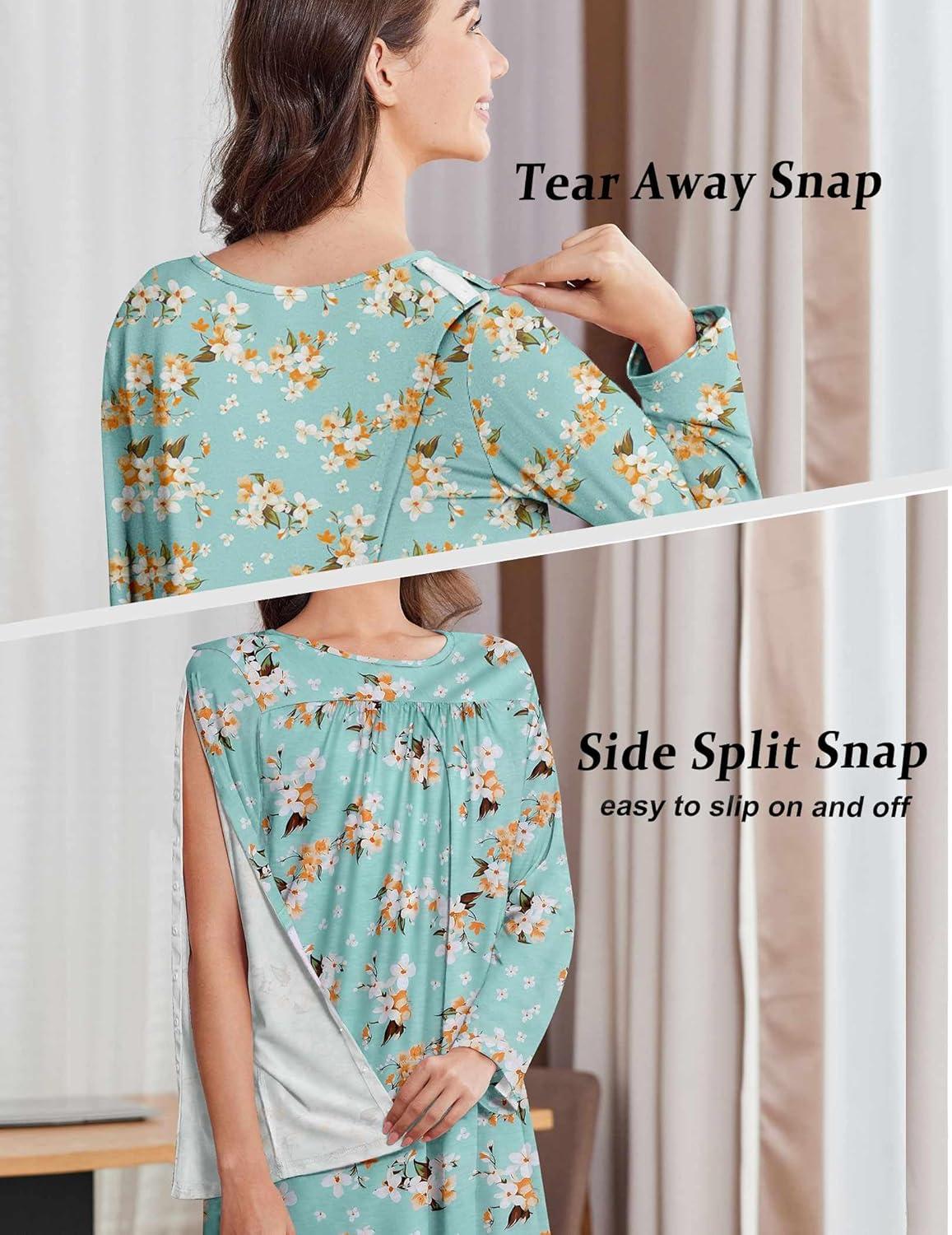 imageDeyeek Hospital Gowns for Women Open Back Dress Long Sleeve Post Surgery Tear Away Adaptive Nightgowns Dialysis ClothingGreen Print
