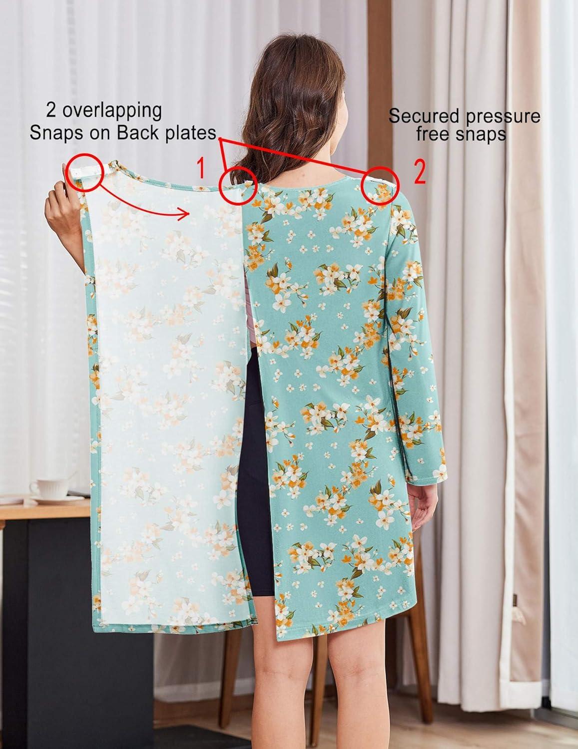 imageDeyeek Hospital Gowns for Women Open Back Dress Long Sleeve Post Surgery Tear Away Adaptive Nightgowns Dialysis ClothingGreen Print