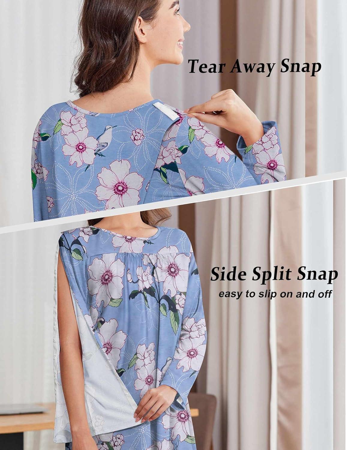 imageDeyeek Hospital Gowns for Women Open Back Dress Long Sleeve Post Surgery Tear Away Adaptive Nightgowns Dialysis ClothingLight Blue Print