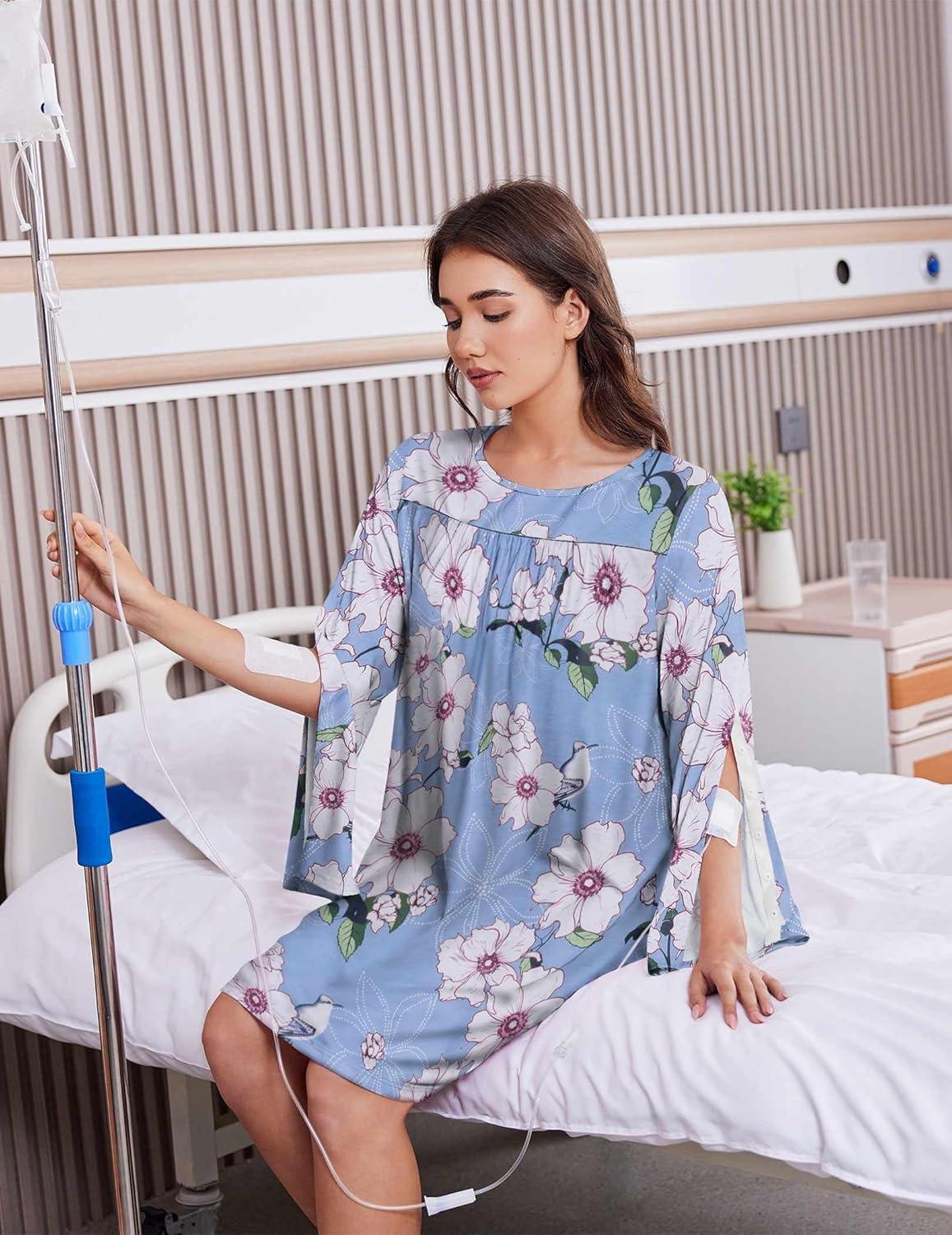 imageDeyeek Hospital Gowns for Women Open Back Dress Long Sleeve Post Surgery Tear Away Adaptive Nightgowns Dialysis ClothingLight Blue Print