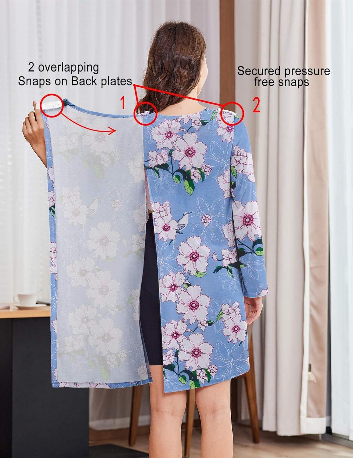 imageDeyeek Hospital Gowns for Women Open Back Dress Long Sleeve Post Surgery Tear Away Adaptive Nightgowns Dialysis ClothingLight Blue Print