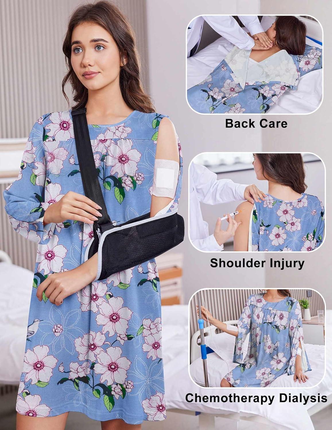 imageDeyeek Hospital Gowns for Women Open Back Dress Long Sleeve Post Surgery Tear Away Adaptive Nightgowns Dialysis ClothingLight Blue Print