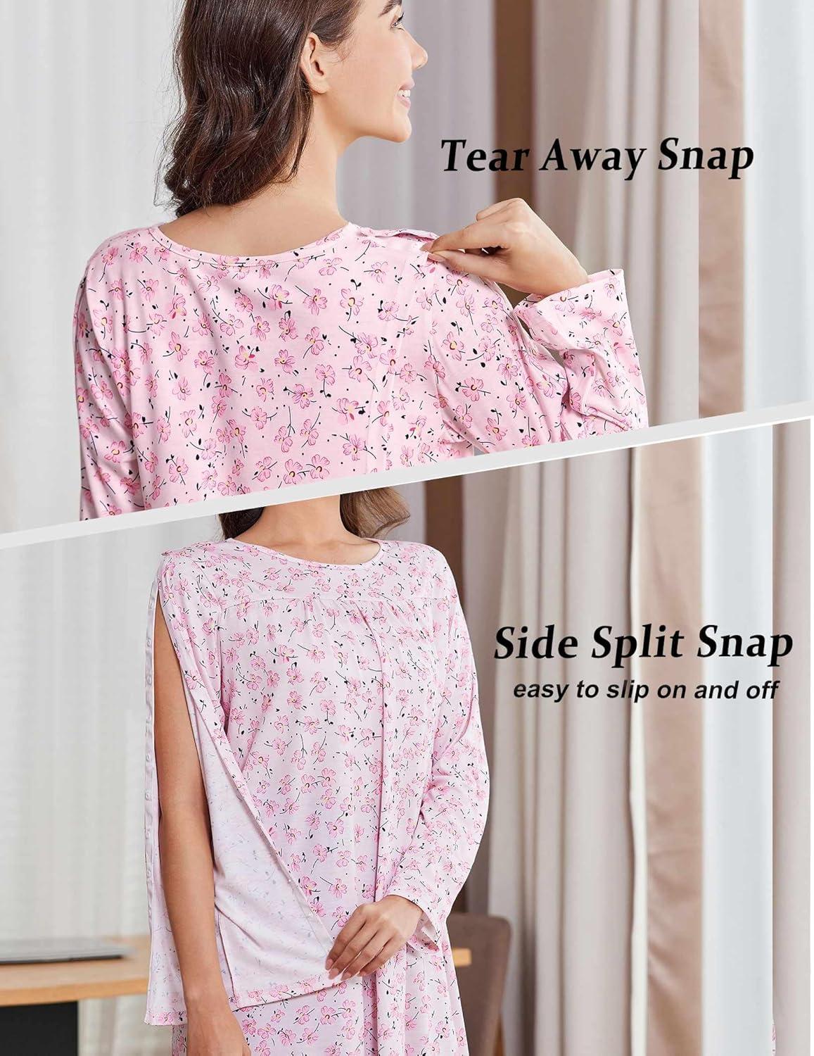 imageDeyeek Hospital Gowns for Women Open Back Dress Long Sleeve Post Surgery Tear Away Adaptive Nightgowns Dialysis ClothingPink Print