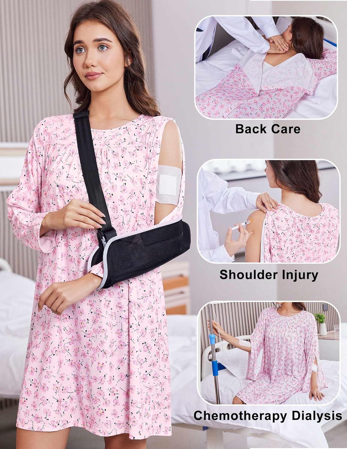 imageDeyeek Hospital Gowns for Women Open Back Dress Long Sleeve Post Surgery Tear Away Adaptive Nightgowns Dialysis ClothingPink Print
