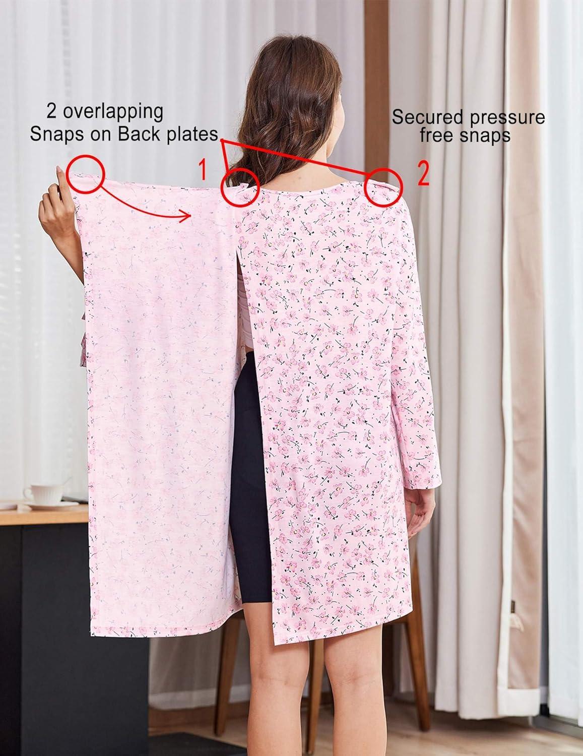 imageDeyeek Hospital Gowns for Women Open Back Dress Long Sleeve Post Surgery Tear Away Adaptive Nightgowns Dialysis ClothingPink Print