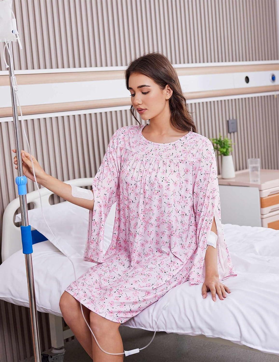 imageDeyeek Hospital Gowns for Women Open Back Dress Long Sleeve Post Surgery Tear Away Adaptive Nightgowns Dialysis ClothingPink Print