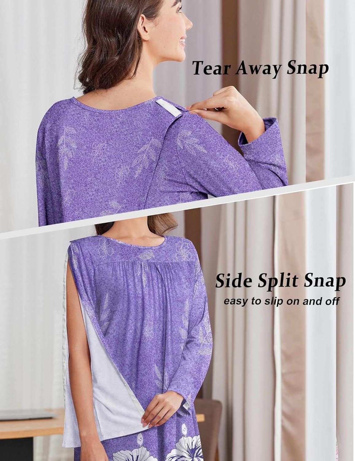 imageDeyeek Hospital Gowns for Women Open Back Dress Long Sleeve Post Surgery Tear Away Adaptive Nightgowns Dialysis ClothingPurple Print
