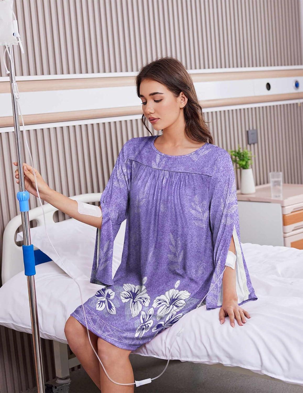 imageDeyeek Hospital Gowns for Women Open Back Dress Long Sleeve Post Surgery Tear Away Adaptive Nightgowns Dialysis ClothingPurple Print