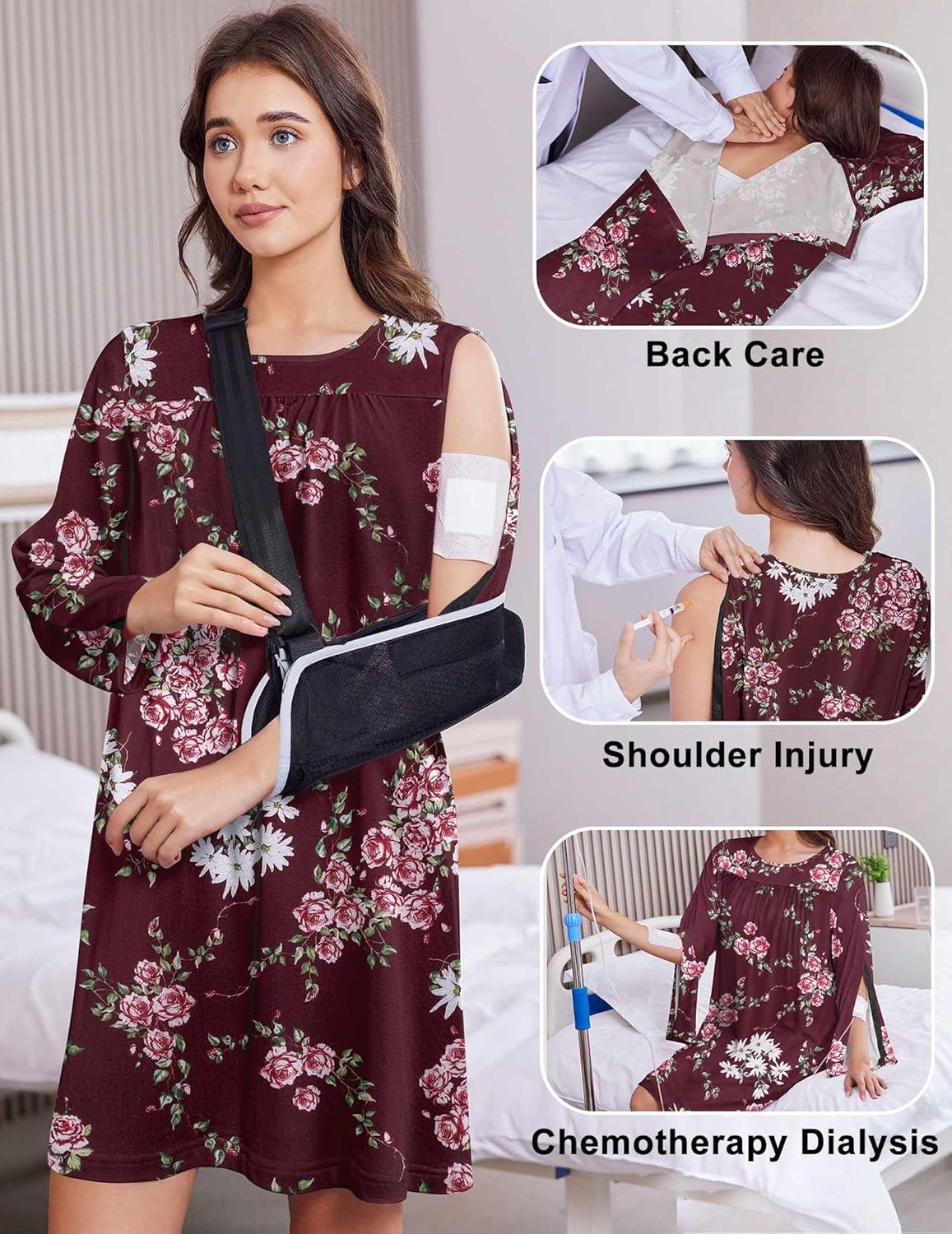 imageDeyeek Hospital Gowns for Women Open Back Dress Long Sleeve Post Surgery Tear Away Adaptive Nightgowns Dialysis ClothingRed Print
