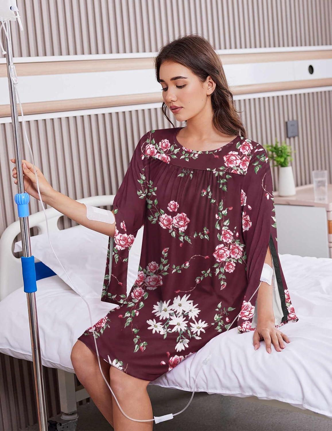 imageDeyeek Hospital Gowns for Women Open Back Dress Long Sleeve Post Surgery Tear Away Adaptive Nightgowns Dialysis ClothingRed Print