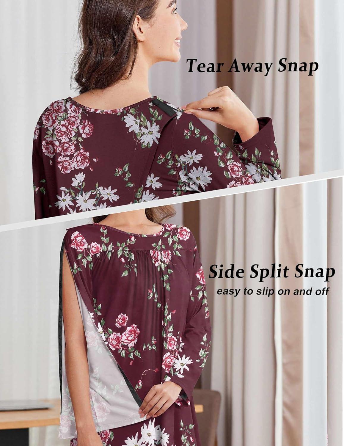 imageDeyeek Hospital Gowns for Women Open Back Dress Long Sleeve Post Surgery Tear Away Adaptive Nightgowns Dialysis ClothingRed Print