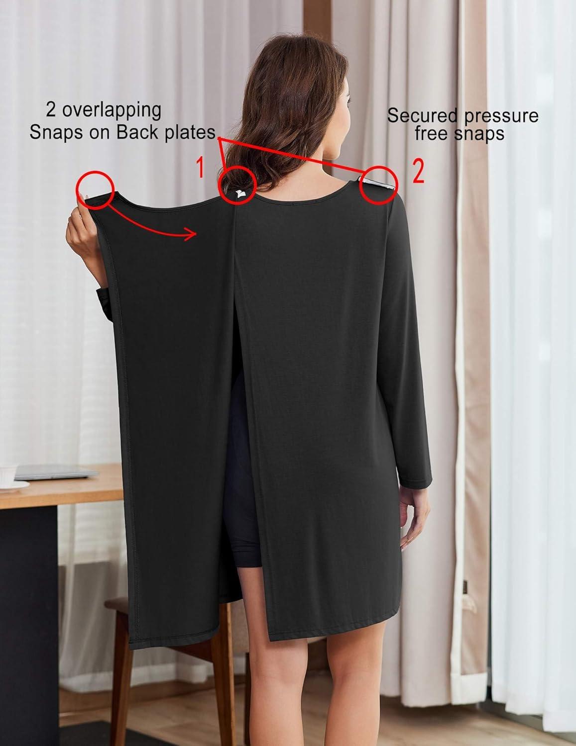 imageDeyeek Hospital Gowns for Women Open Back Tear Away Post Surgery Dress Long Sleeve with Shoulder Snaps Adaptive NightgownsBlack