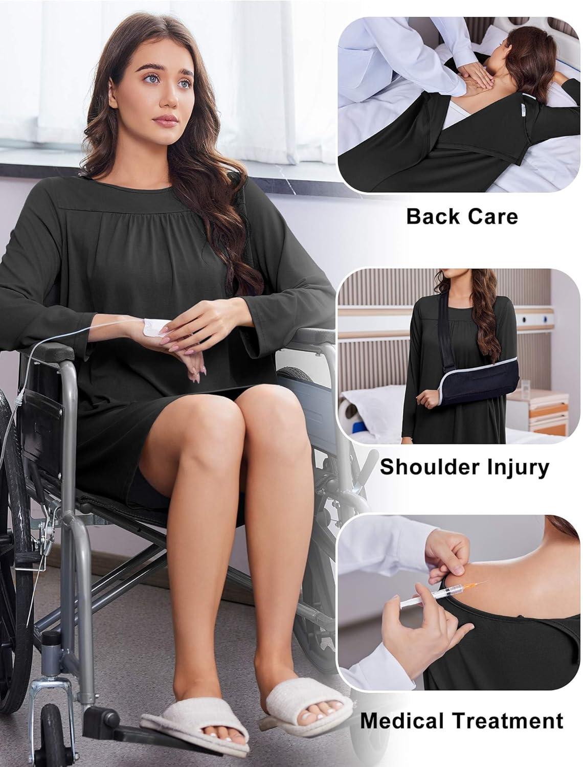 imageDeyeek Hospital Gowns for Women Open Back Tear Away Post Surgery Dress Long Sleeve with Shoulder Snaps Adaptive NightgownsBlack