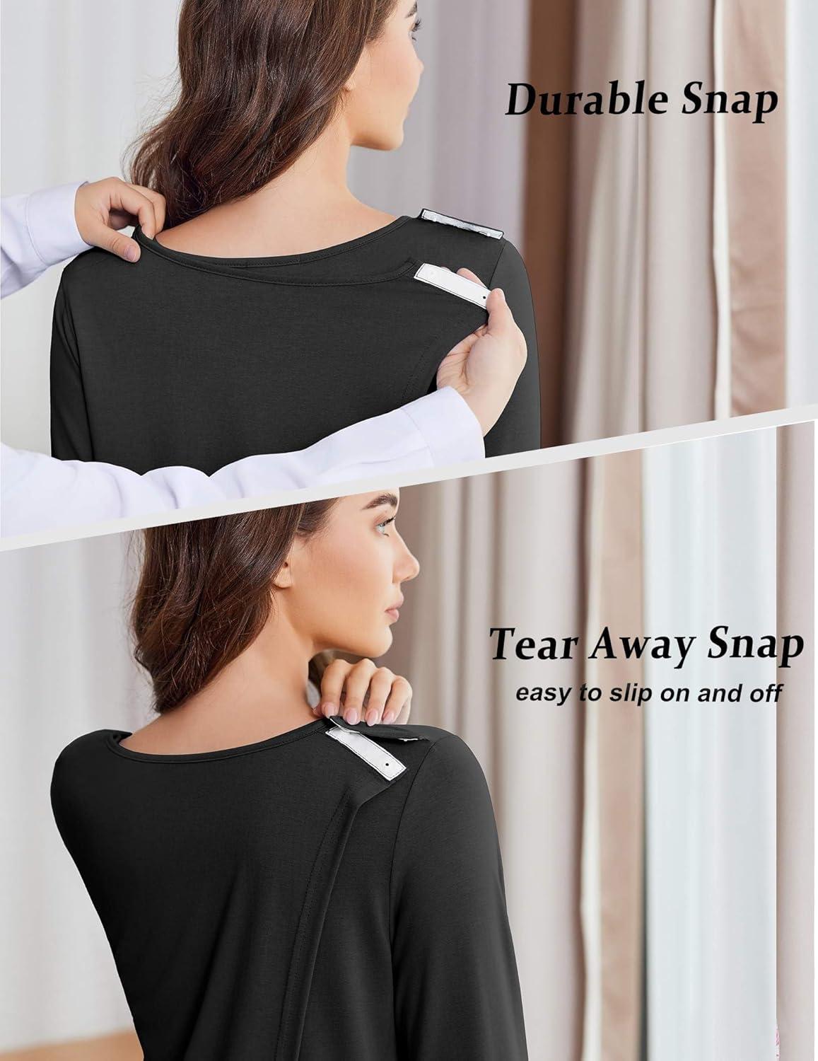 imageDeyeek Hospital Gowns for Women Open Back Tear Away Post Surgery Dress Long Sleeve with Shoulder Snaps Adaptive NightgownsBlack