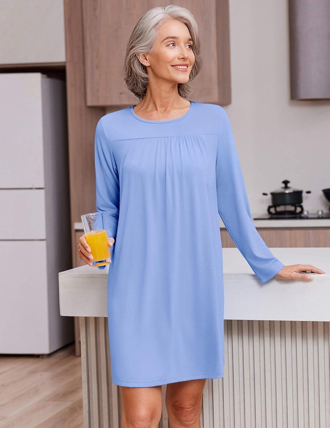 imageDeyeek Hospital Gowns for Women Open Back Tear Away Post Surgery Dress Long Sleeve with Shoulder Snaps Adaptive NightgownsBlue