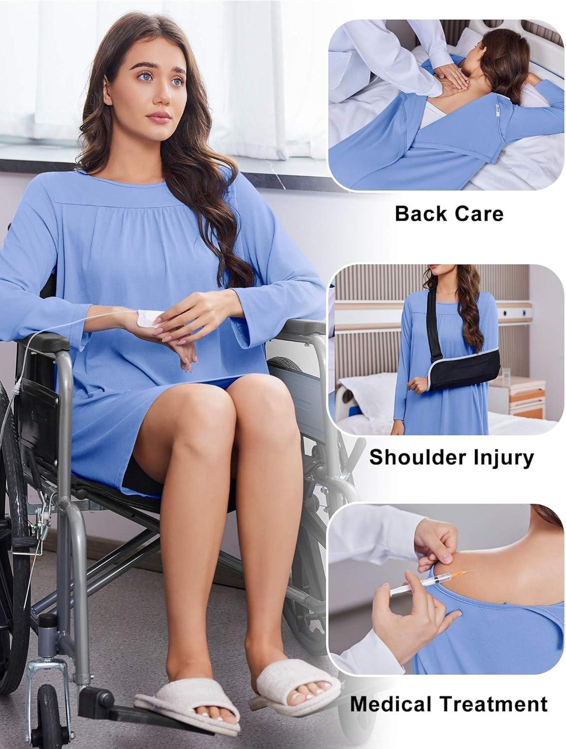 imageDeyeek Hospital Gowns for Women Open Back Tear Away Post Surgery Dress Long Sleeve with Shoulder Snaps Adaptive NightgownsBlue