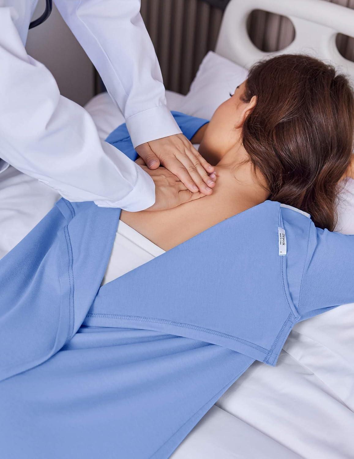 imageDeyeek Hospital Gowns for Women Open Back Tear Away Post Surgery Dress Long Sleeve with Shoulder Snaps Adaptive NightgownsBlue