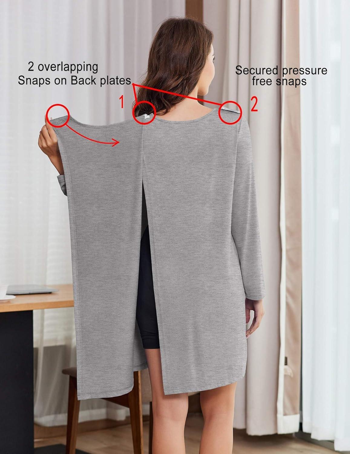 imageDeyeek Hospital Gowns for Women Open Back Tear Away Post Surgery Dress Long Sleeve with Shoulder Snaps Adaptive NightgownsLight Grey