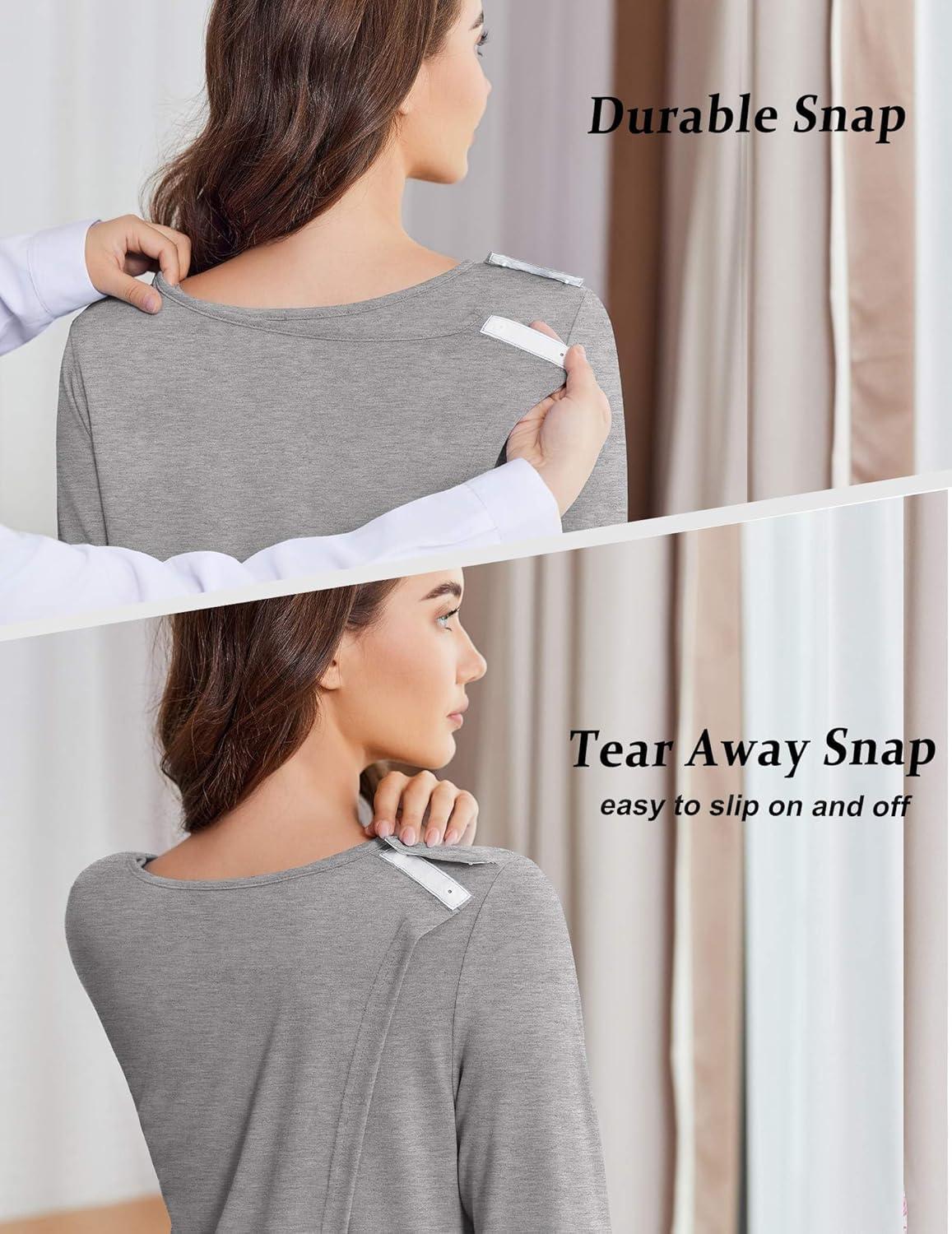 imageDeyeek Hospital Gowns for Women Open Back Tear Away Post Surgery Dress Long Sleeve with Shoulder Snaps Adaptive NightgownsLight Grey
