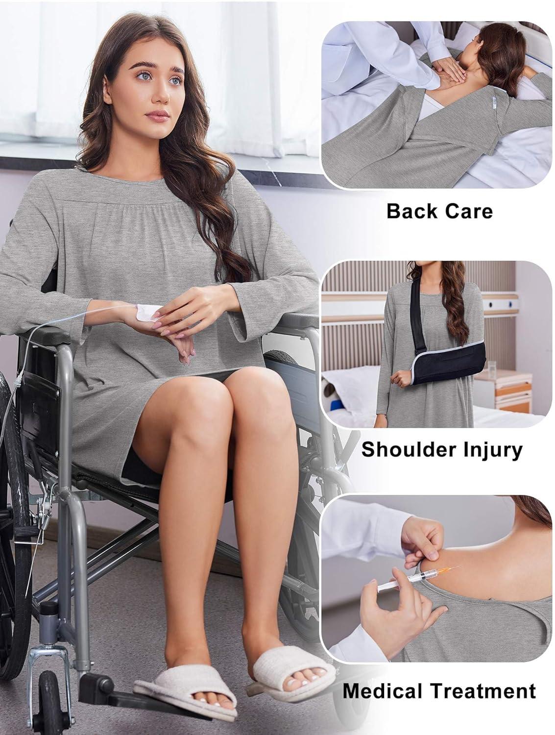 imageDeyeek Hospital Gowns for Women Open Back Tear Away Post Surgery Dress Long Sleeve with Shoulder Snaps Adaptive NightgownsLight Grey