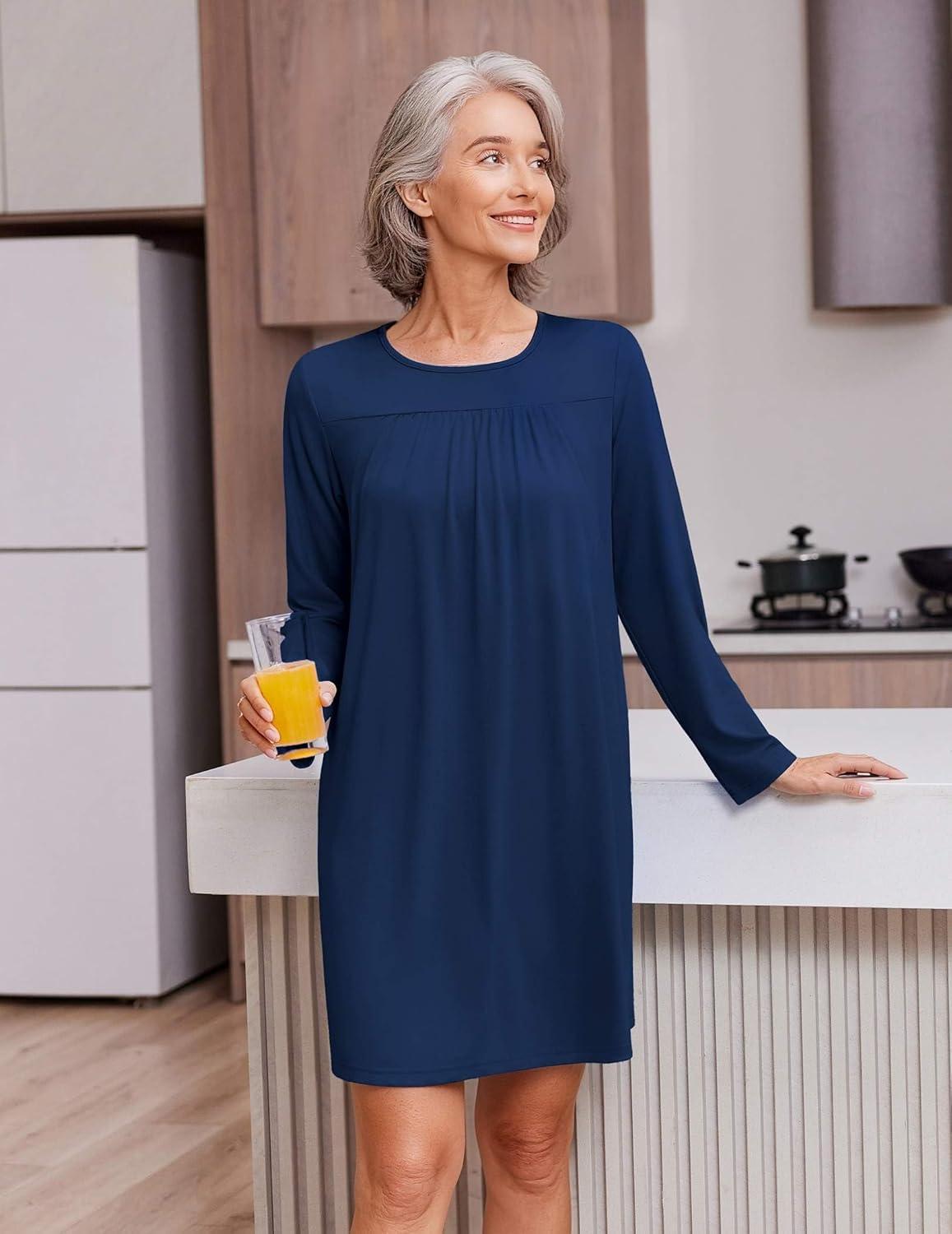 imageDeyeek Hospital Gowns for Women Open Back Tear Away Post Surgery Dress Long Sleeve with Shoulder Snaps Adaptive NightgownsNavy